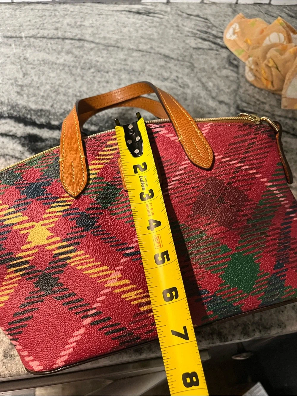 Dooney & Bourke Red Plaid Satchel with Tan Trim